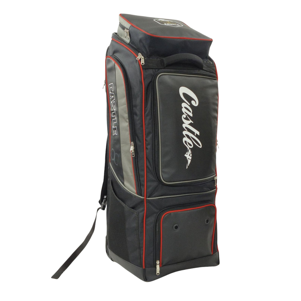 Castle black and grey cricket kit bag with red trim, angled front view