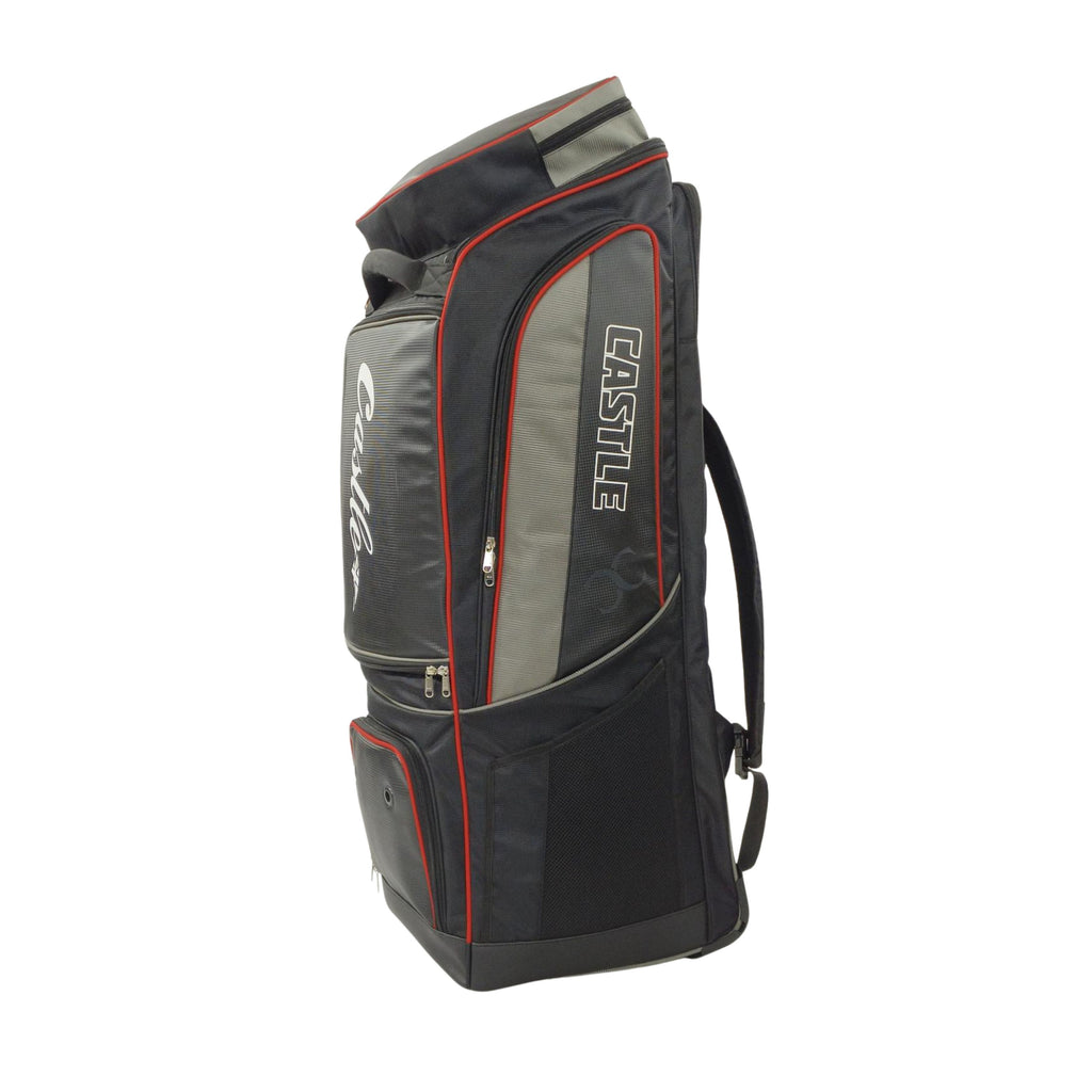 Castle cricket kit bag side view with zipped compartment and mesh pocket