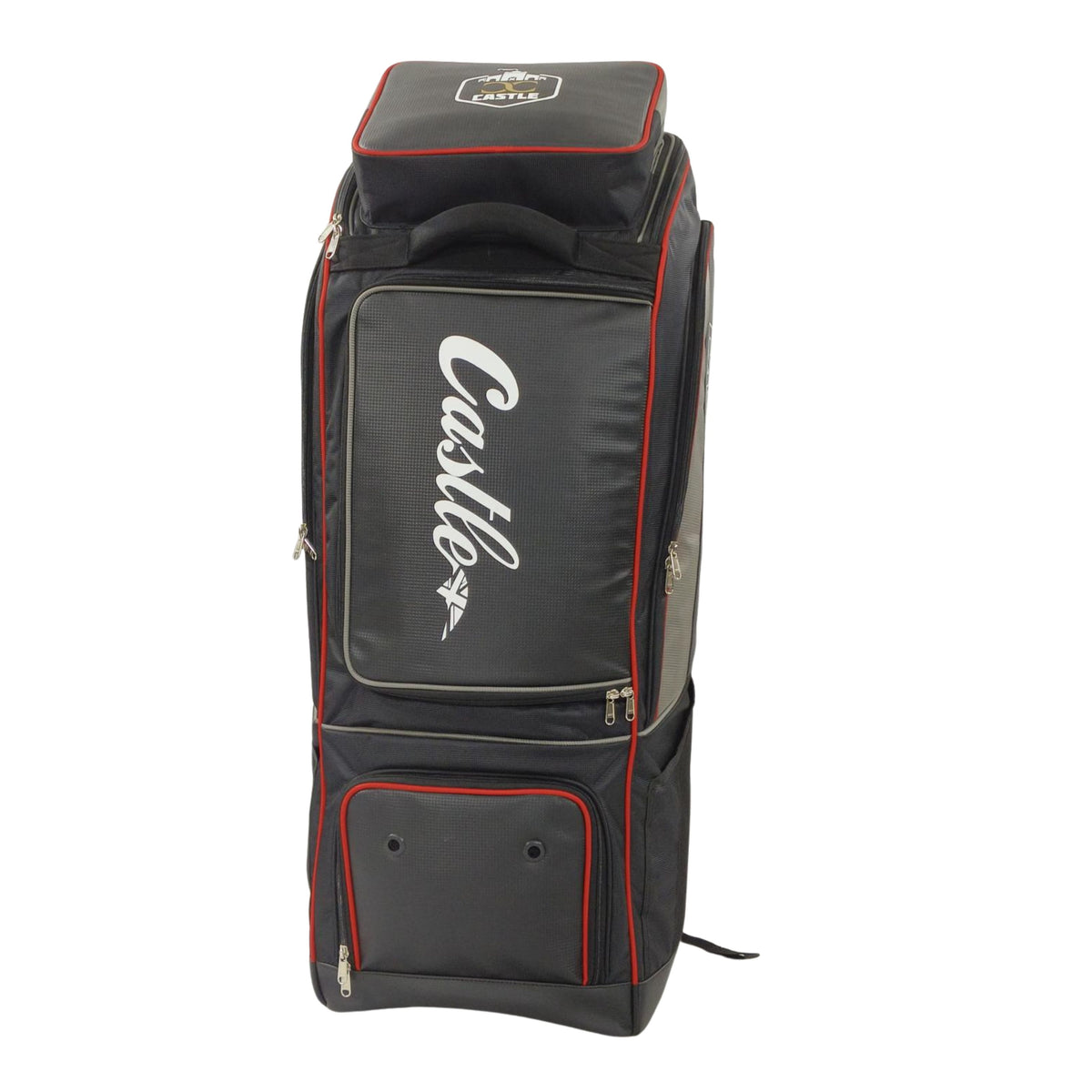 Castle black and red cricket kit bag, front view with zipped pockets