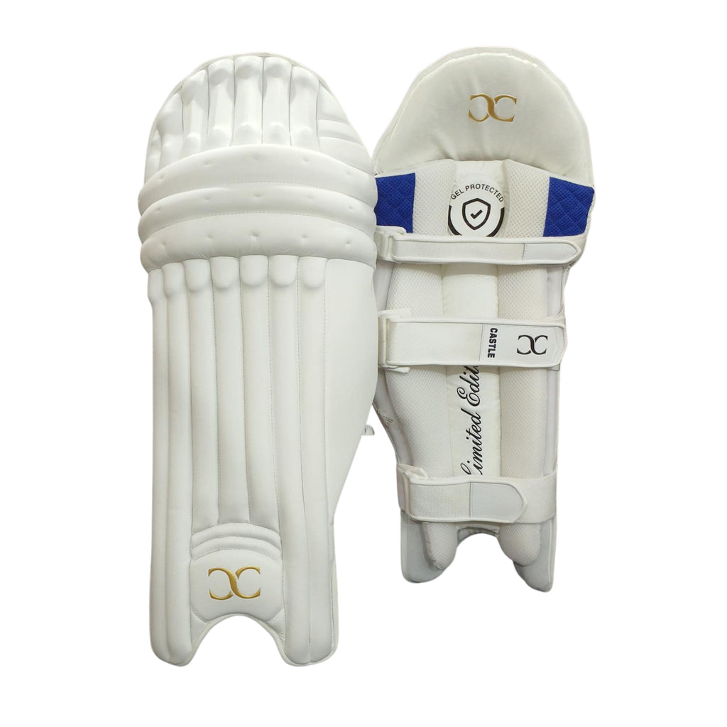 Castle white Limited Edition batting pads showing front padding and rear straps