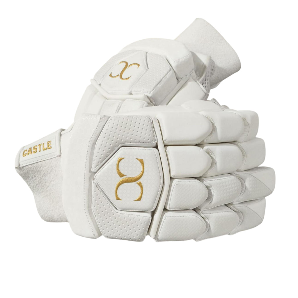 Castle white cricket batting gloves with gold logo detailing