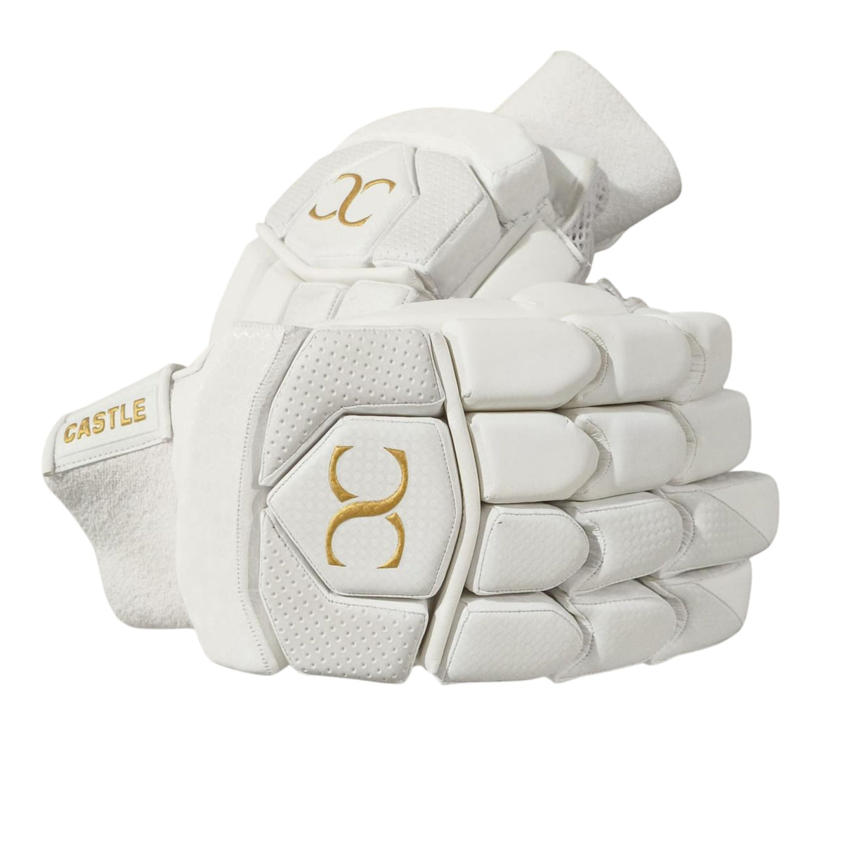 Castle white cricket batting gloves with gold logo detailing