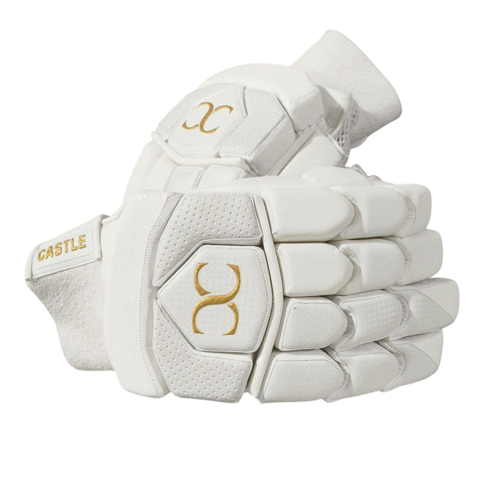 Castle white cricket batting gloves with gold logo detailing